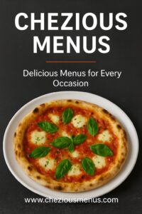 Chezious Menus pizza poster featuring delicious pepperoni pizza – latest menu prices and food deals in Pakistan.